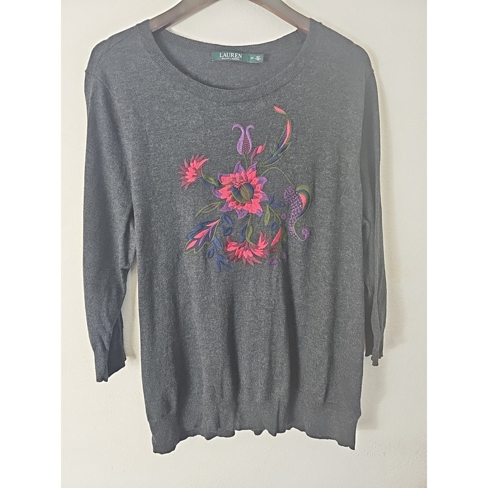 Lauren Ralph Lauren Sweater Size 2X Women's Gray Floral Embroidered Long Sleeve